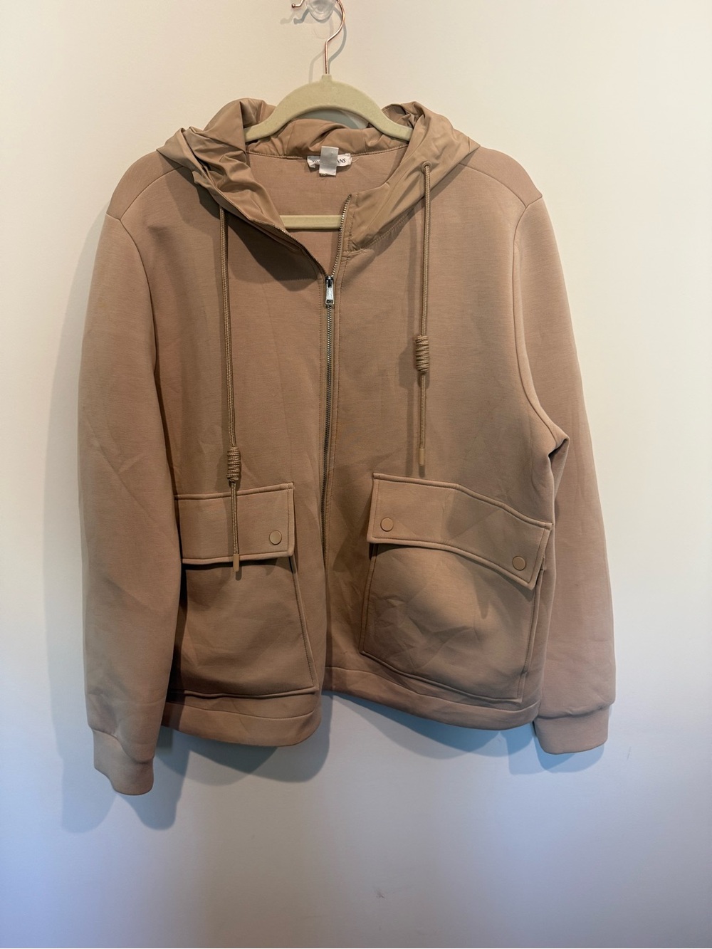 Neutral Tan Zip-Up Hooded Jacket from Tribal. Super soft scuba material.